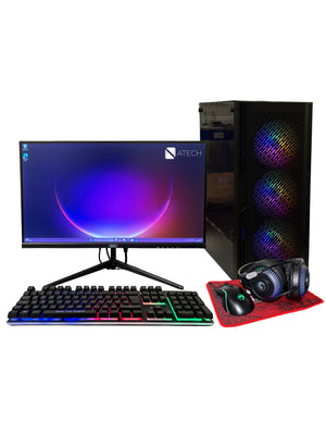 ATech Cyclone 5 Gaming PC Bundle – Intel Core i5 | GTX1030 GPU | 16GB RAM | 1TB HDD | 240GB SSD | Black Glass RGB 4 Fan Gaming Case | WiFi | Win 11 Pro | 21.5” 1080 Monitor | RGB Gaming Keyboard/Mouse Bundle