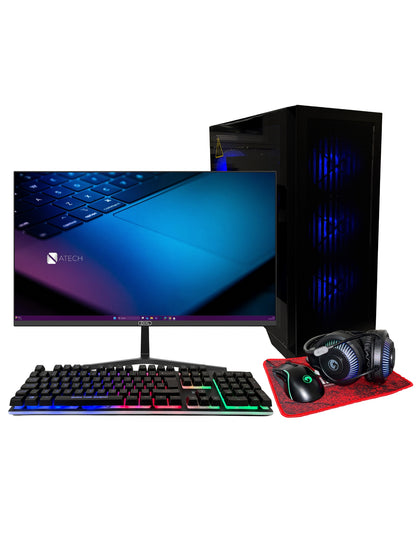 ATech Monsoon 5 Gaming PC Bundle – Intel Core i5 | RTX3050 GPU | 16GB RAM | 1TB HDD | 240GB SSD | Black Glass RGB 4 Fan Gaming Case | WiFi | Win 11 Pro | 27” 1080 Monitor | RGB Gaming Keyboard/Mouse Bundle