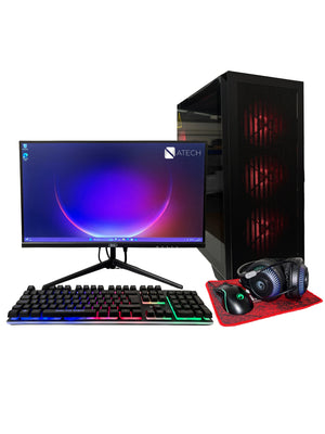 ATech Cyclone 7 Gaming PC Bundle – Intel Core i7 | GTX1030 GPU | 16GB RAM | 1TB HDD | 240GB SSD | Black Glass RGB 4 Fan Gaming Case | WiFi | Win 11 Pro | 21.5” 1080 Monitor | RGB Gaming Keyboard/Mouse Bundle