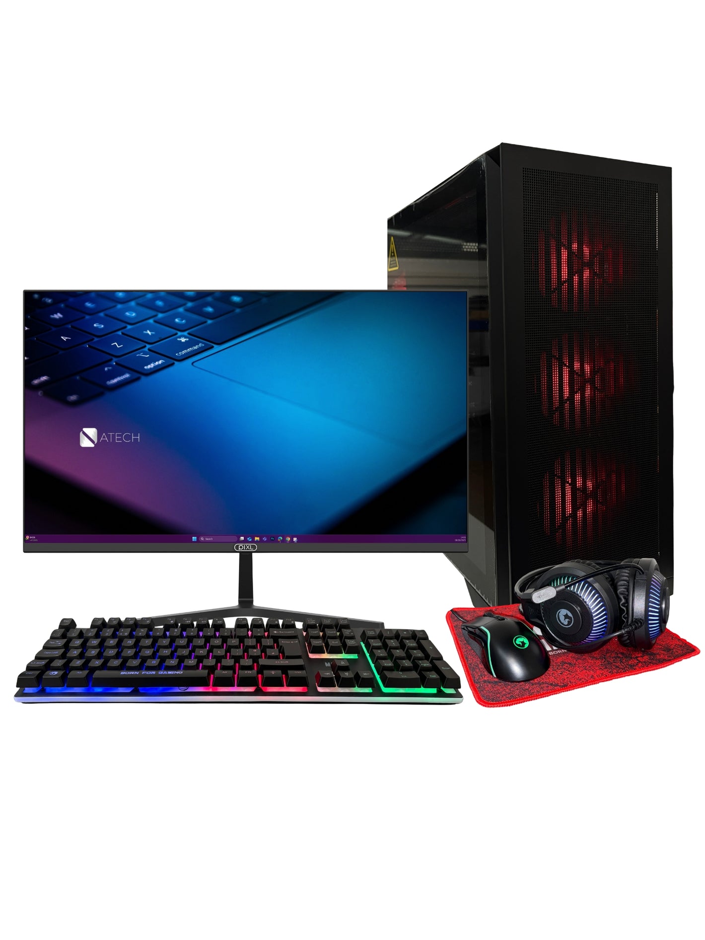 ATech Typhoon 5 Gaming PC Bundle – Intel Core i5 | GTX1030 GPU | 16GB RAM | 1TB HDD | 240GB SSD | Black Glass RGB 4 Fan Gaming Case | WiFi | Win 11 Pro | 27” 1080 Monitor | RGB Gaming Keyboard/Mouse Bundle