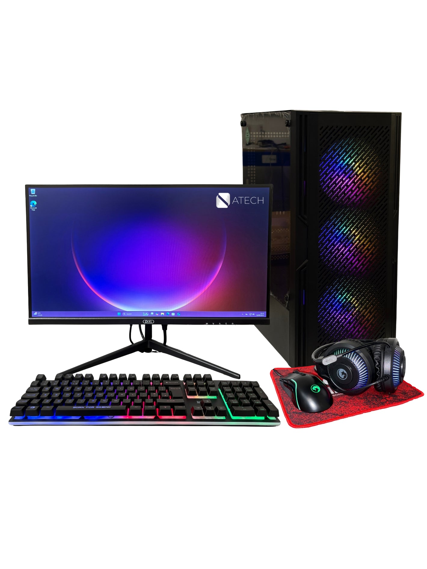 ATech Cyclone 5 Gaming PC Bundle – Intel Core i5 | GTX1030 GPU | 16GB RAM | 1TB HDD | 240GB SSD | Black Glass RGB 4 Fan Gaming Case | WiFi | Win 11 Pro | 21.5” 1080 Monitor | RGB Gaming Keyboard/Mouse Bundle