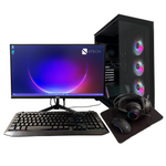 Gaming computer setup with monitor, keyboard, mouse, headset, and RGB lighting on a white background