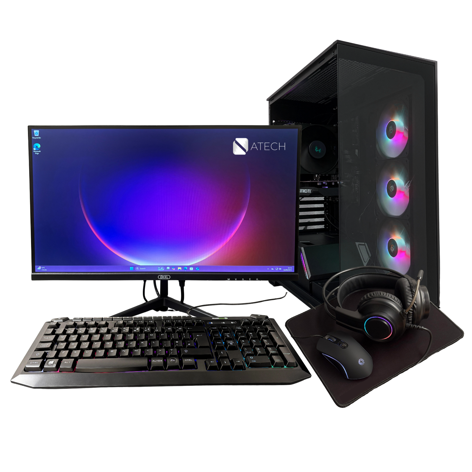 Gaming computer setup with monitor, keyboard, mouse, headset, and RGB lighting on a white background