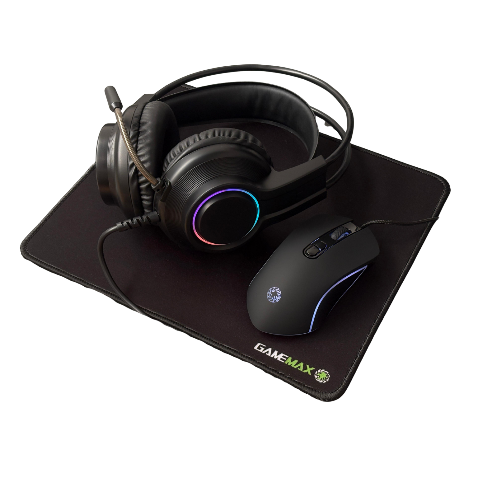 Gaming headset and mouse on a mouse pad with 'GameMax' branding