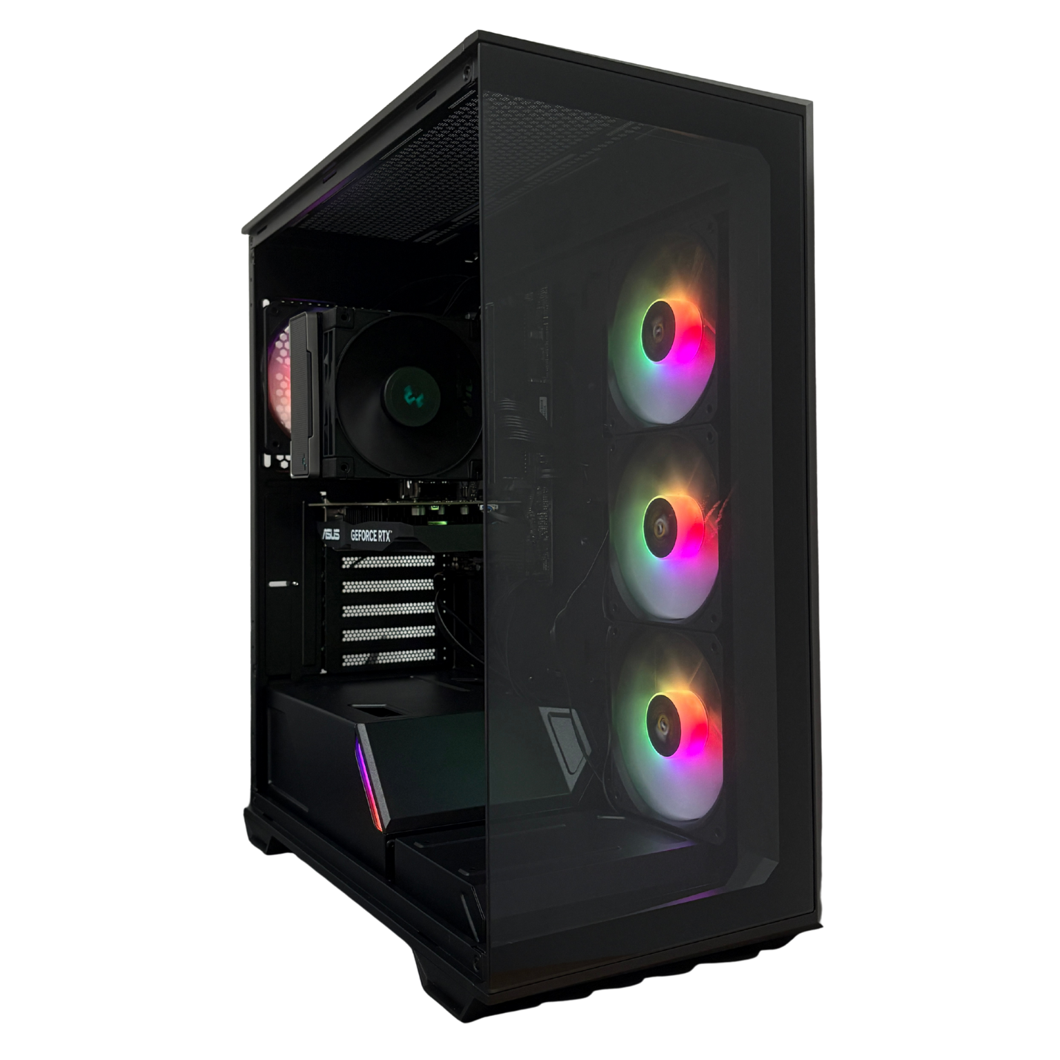 Black computer case with RGB lighting on a white background