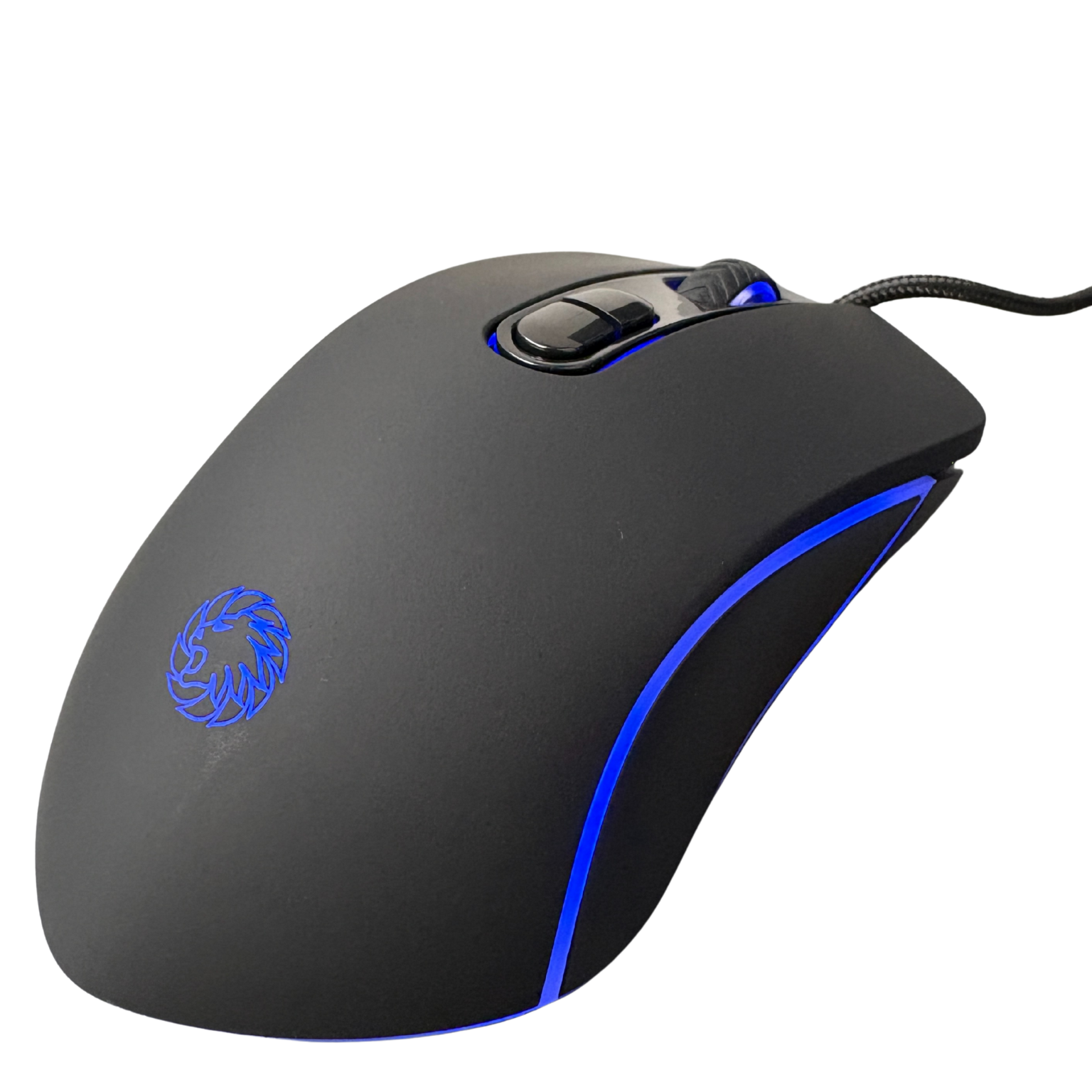 Black gaming mouse with blue accents on a white background