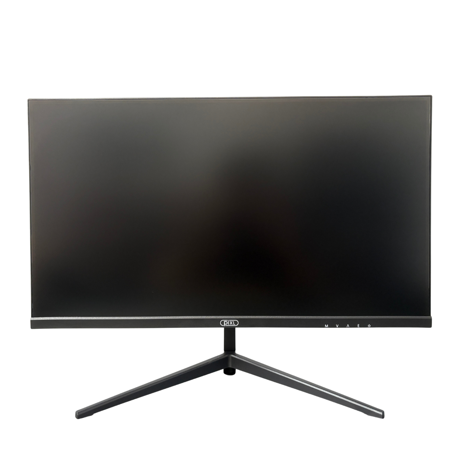 Black computer monitor with a stand on a white background