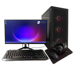 Computer setup with monitor, keyboard, mouse, and headset on a white background