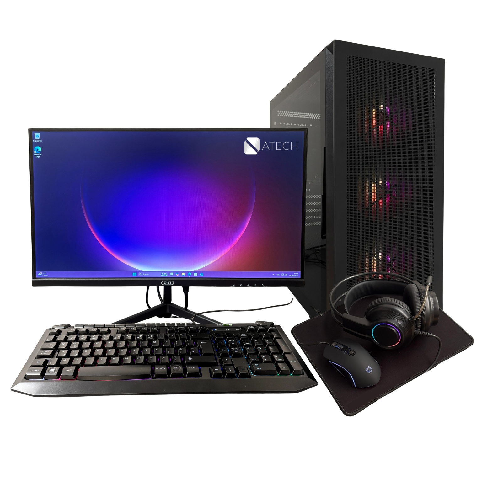 Computer setup with monitor, keyboard, mouse, and headset on a white background