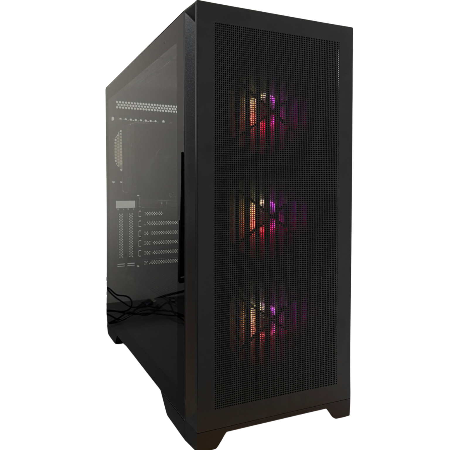 Black computer case with RGB lighting on a white background
