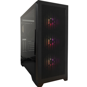 Black computer case with RGB lighting on a white background